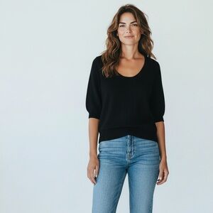 Frame Denim 💯 Cashmere Black Puff 3/4 Sleeve Sweater Women’s Size Large